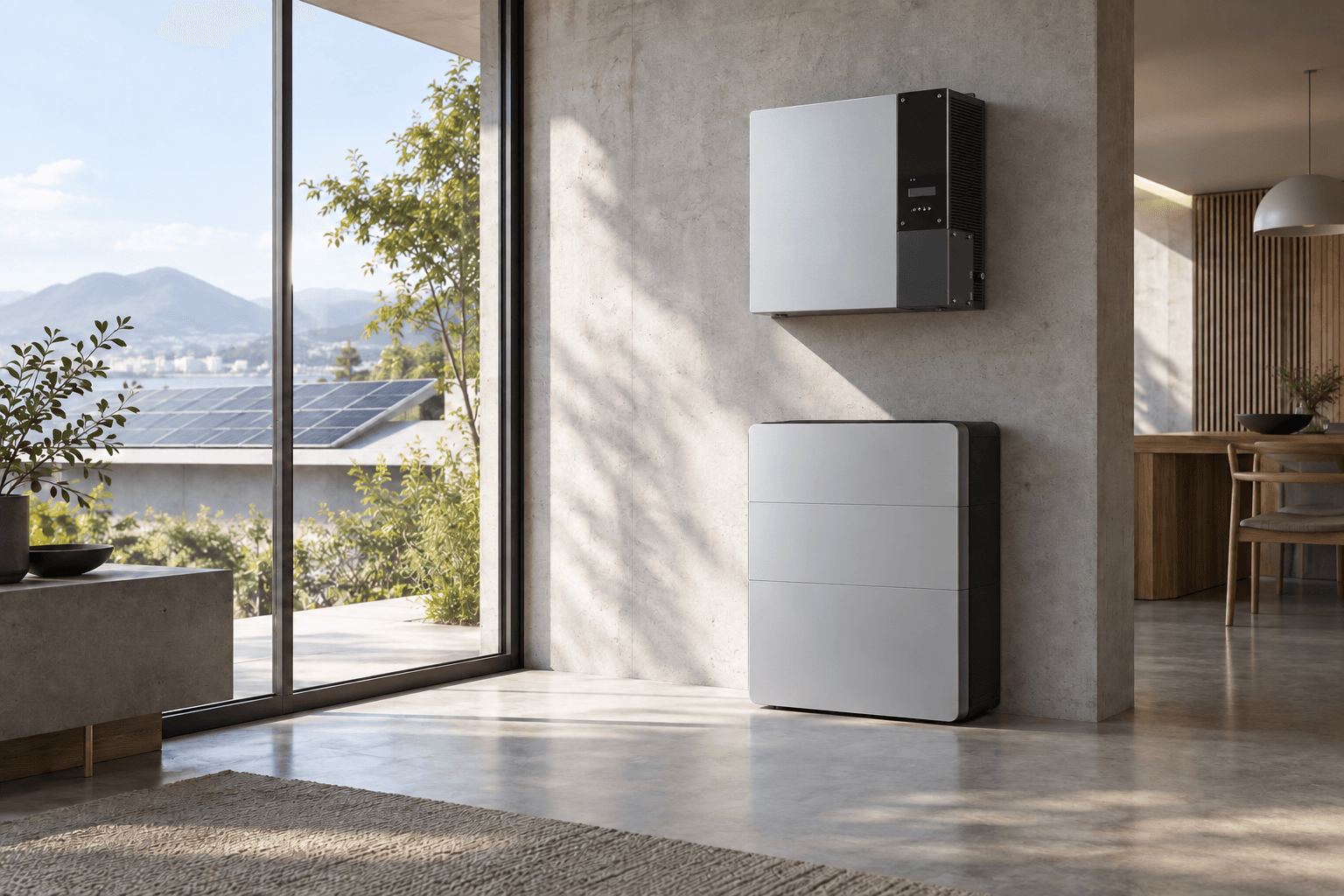 住宅空間中的 Hybrid PRO 混合型變流器與儲能電池示意